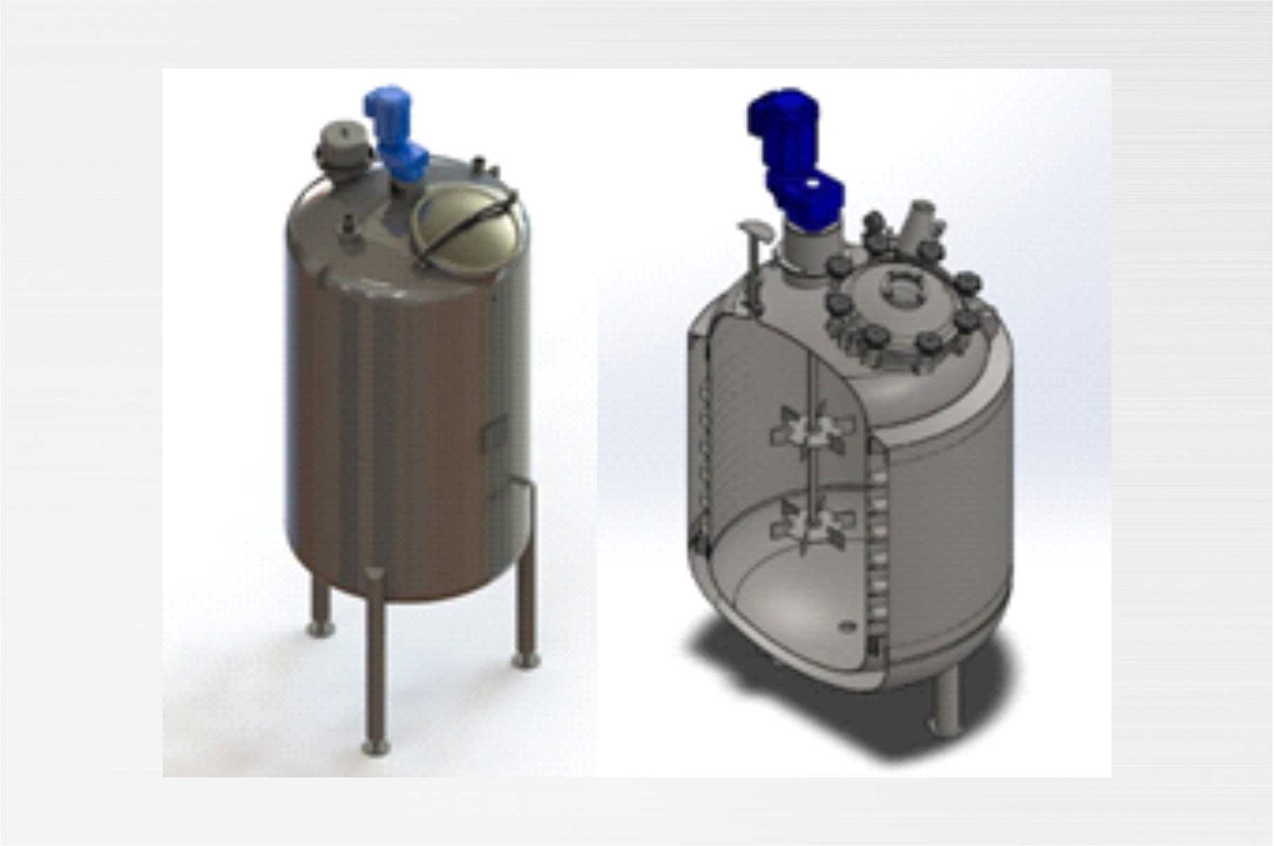 Tanque pulmão atmosférico com sistema de agitação e Tanque reator sob pressão com sistema de agitação e serpentina de aquecimento